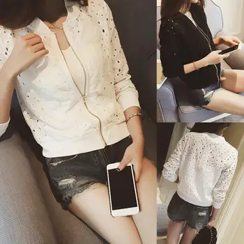 

Autumn Fashion Women Solid Color Hollow Out Lace Jacket Long Sleeve Zip Up Coat Nylon Polyester Spandex All-match Women's Jacket