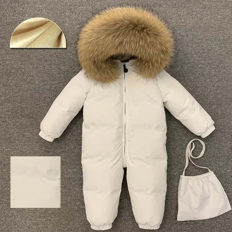

-30 Degree Kids Baby Snowsuit Real Large Fur Collar Toddler Boys Girls Down Romper Thick Warm Velvet Winter Jumpsuit Z693