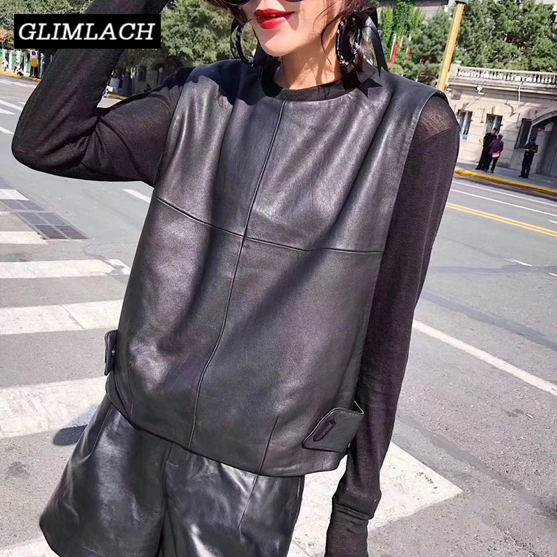 Women Genuine Leather Waistcoat Sheepskin Loose Fit Pullover Sleeveless Jacket Lady Autumn Short Vest Streetwear Tops | Женская одежда