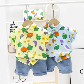 

Baby Boys Clothes Set 6M-5Y Children Summer Boys Cartoon Print Short Sleeve Stand Collar Blouse Casual Tops+Solid Color Shorts