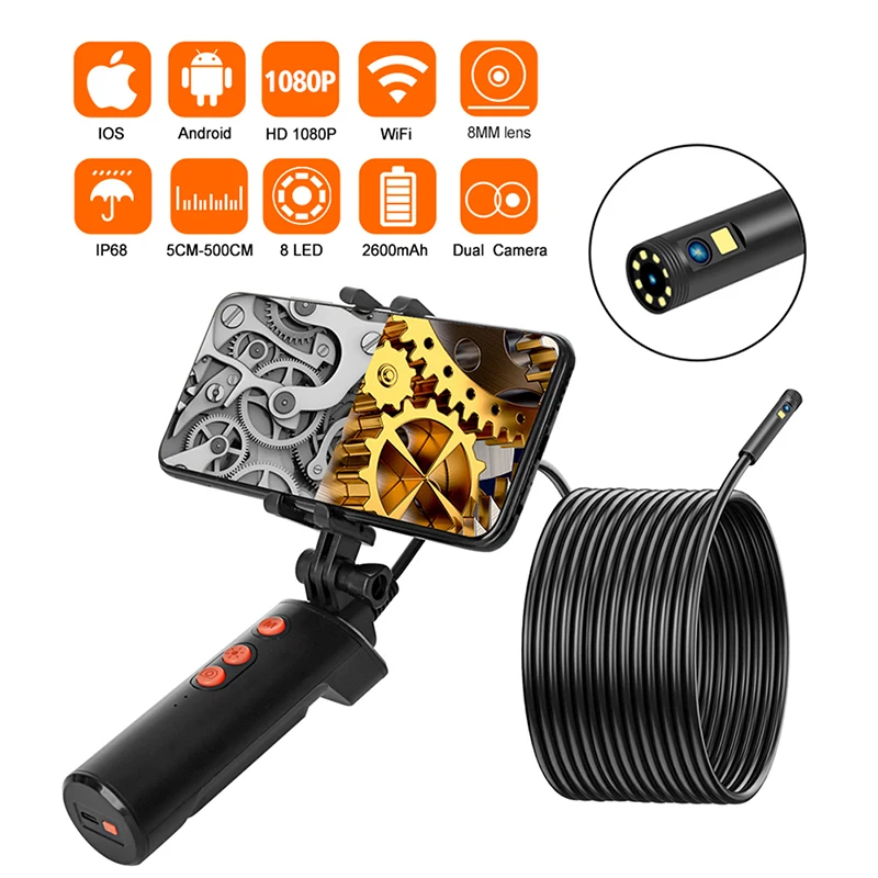 Cámara endoscópica Wifi de mano con doble lente de 8MM, IP68, impermeable, WiFi, inspección por boroscopio, cámara de serpiente HD de 2,0 MP para Android IOS