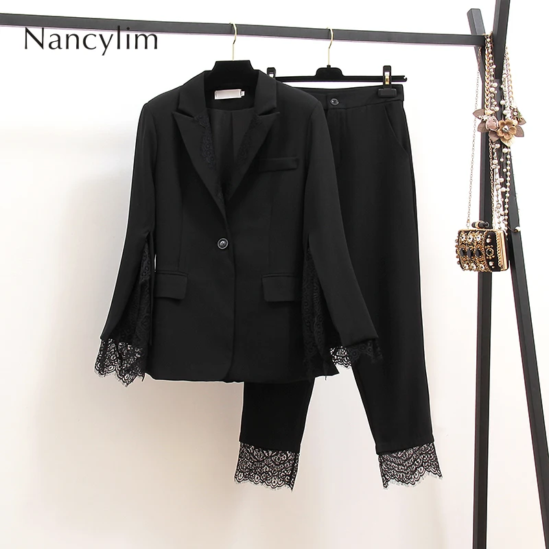 

2019 Autumn Female Black Lace Stitching Suit Blazer + Trousers Temperament Ladies Two-piece Set Fashion OL Outfits Office Wear