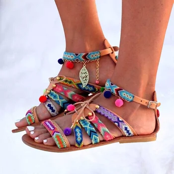 

Woman Pom-pom Sandals For Women Sandalia Women's Sandals Bohemian Gladiator Leather Summer Shoes Sandals Flats Summer Shoes