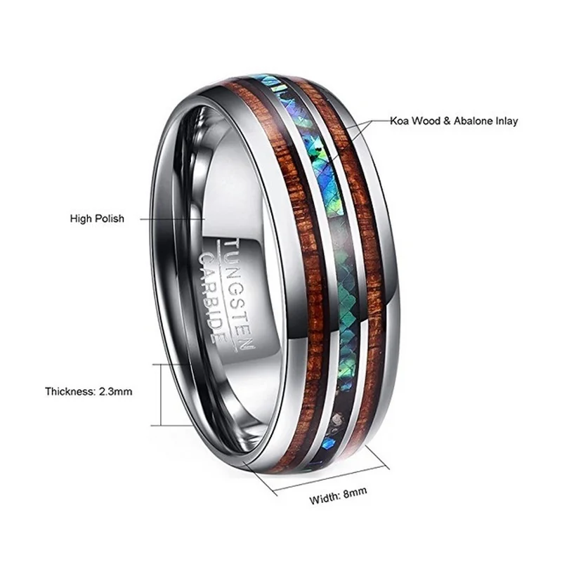 FDLK качество 8 мм Гавайское дерево КоА и Абалон оболочки из нержавеющей стали кольца обручальные кольца для мужчин ювелирные изделия