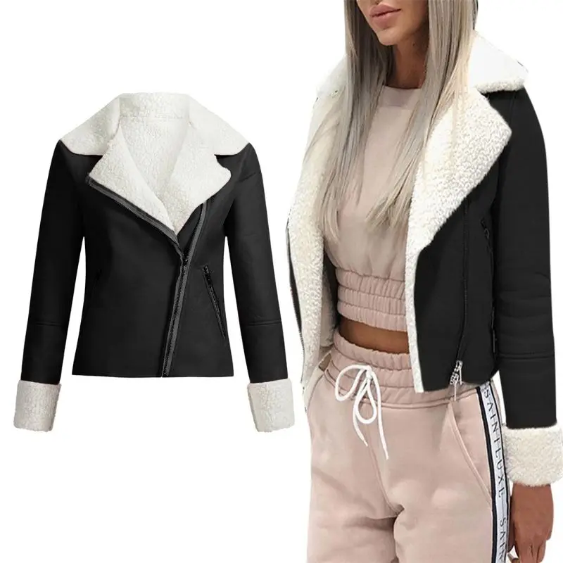 price reduction  Women Winter Artificial Leather Lapel Short Coat Warm Faux Wool Motocycle Jacket