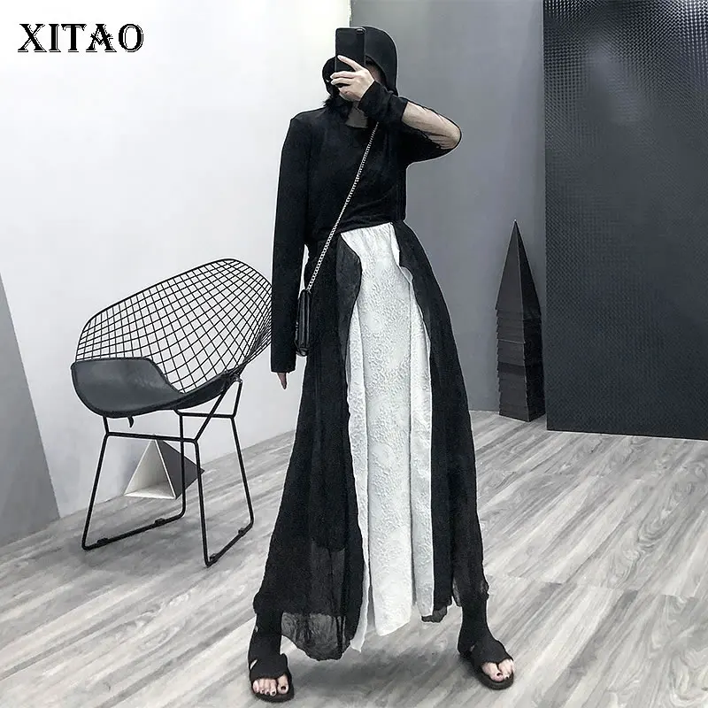 

XITAO Patchwork Hit Color Embossing Skirt High Waist Women Clothes 2019 Fashion Match All Maxi Skirt Autumn New Korean GCC1470