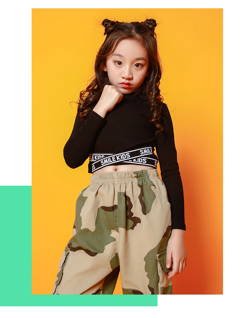 Hip Hop Dance Costumes Crop Cross Top Coat Camouflage Pants Girls Jazz Clothing Children Street Dancing Stage Performance Wear (9)