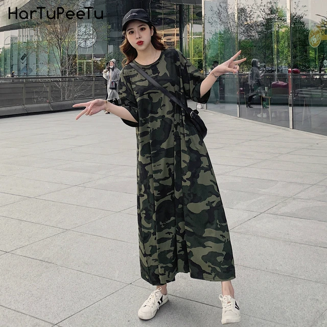 Loose Casual T Shirt Maxi Dress Women Summer 2021 Plus Size Camouflage Dresses with Side Pockets for Home Long Cotton Tees 1