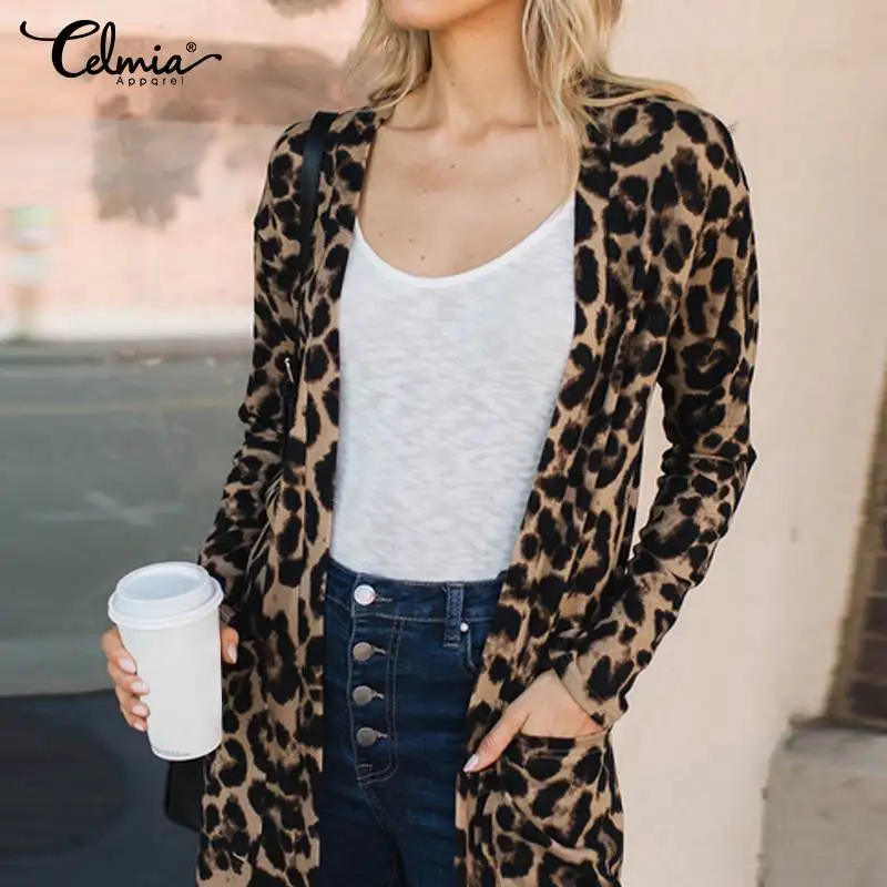 Celmia New Fashion Autumn Women Leopard Kimono Cardigan Plus Size Open Front Long Sleeve Knitted Sweaters Pull Femme S-5XL |