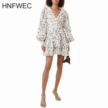 

2020 mew summer fashion lantern sleeves V-neck full printed high waist mini length dress female vestido K734