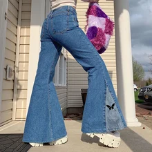 

Women Y2K Harajuku Blue Butterfly Print Baggy Flare Jeans Jogger Women Streetwear Vintage Patchwork Denim Sweatpants Trousers