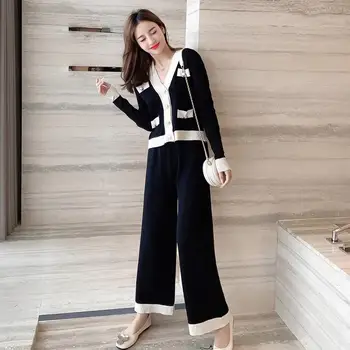 

New Korean Style Set Female Autumn Fashion Temperament Small Fragrant Knit Wide Leg Pants Suit New Loose Knitted Shirt Two Piece