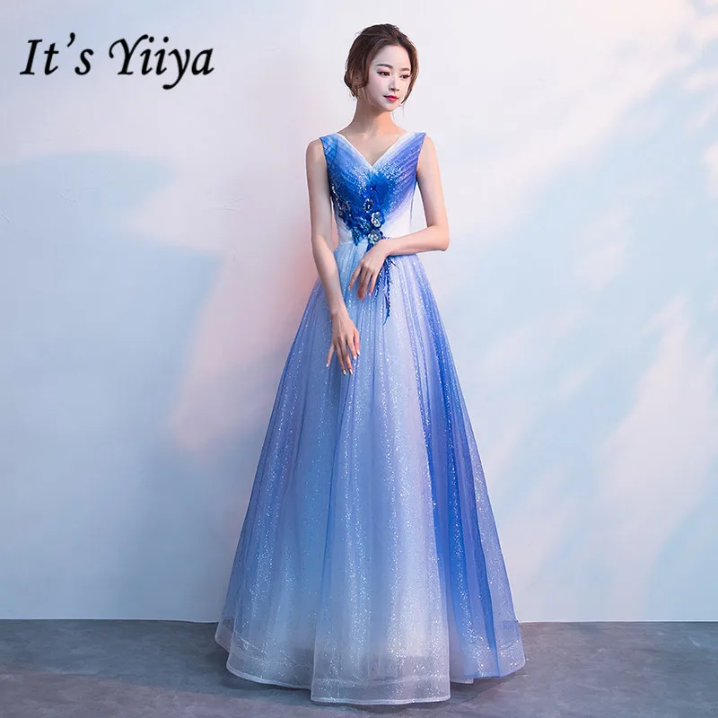

It's Yiiya Evening Dress Plus Size Gradient Blue Evening Dresses Appliques SleevelessFormal Gowns Elegant robe de soiree OY186