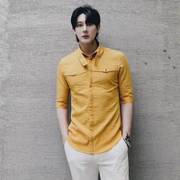 

British Style Solid Color Shirt Slim Fit Men Casual Shirts Prom Club Tuxedo Dress 3XL Summer Men Dress Half Sleeve Shirt Yellow