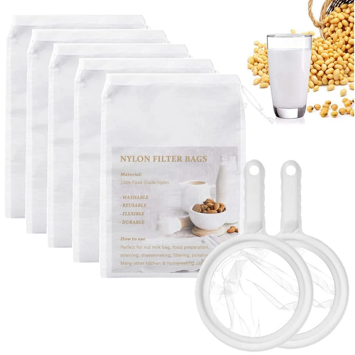 7pcsNutMilkBagsFineMeshStrainerSpoonReusableFoodStrainersBag