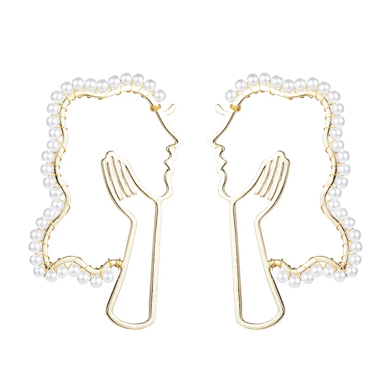

Pearl Earring Women's Abstract Face Contour Hollow out Face Earrings Long Cool Exaggeration Earrings Creative Sense of Design