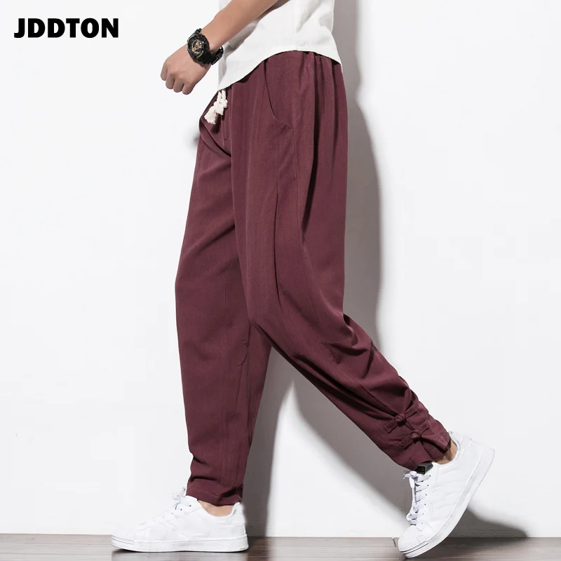 

JDDTON Men's Cotton Linen Chinese Style Elastic Waist Casual Sweatpants Streetwear Loose Harem Hip Hop Pants Male Trousers JE060