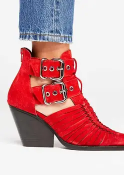 

2020 New women ankle boots point toe women booties chunky heel boots ladies party shoes cuts out mujer botas buckle booties