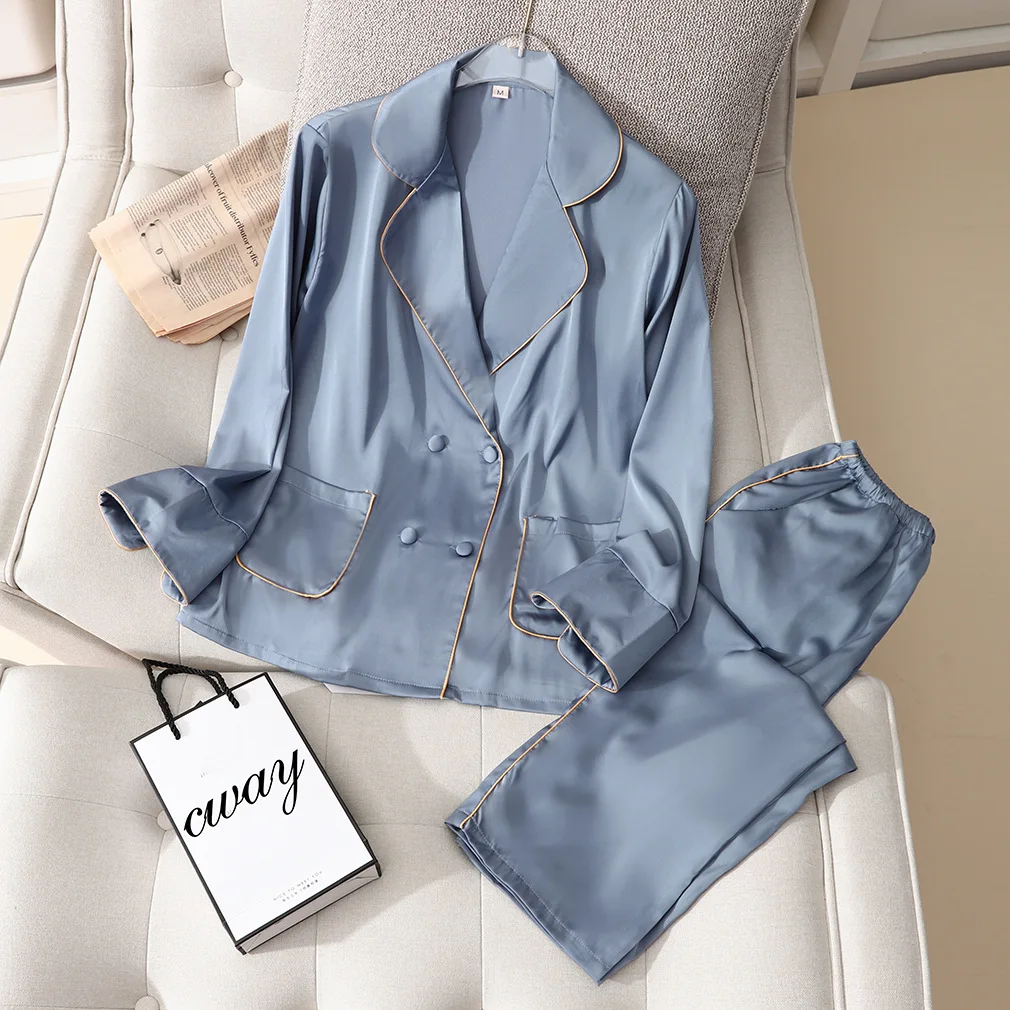 Fdfklak 2 Piece Spring Summer Women Sleepwear Ice Silk Satin Pajamas Set Long Sleeve Sleepwear Pajamas Suit Female Homewear