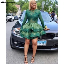 Охотник жемчужина шеи с длинным рукавом спинки платья для выпускного вечера Иллюзия аппликация кружева со складками многоуровневый атлас линия Коктейльные Вечерние платья