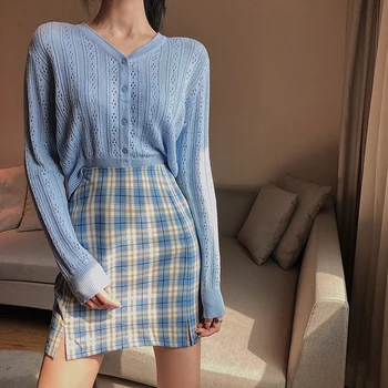 

Female Knitted Cardigan Sweater Tops Spring Summer Clothing New Thin Blue Sweet Women Jumpers Long Sleeve Crop Top Short Sweater