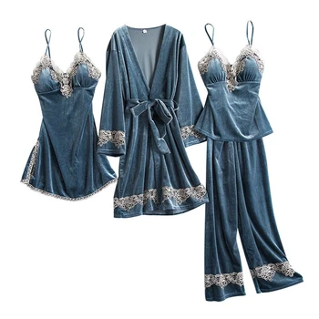 

Winter Velvet Pajamas Set for Women Soft Warm Sexy Embroidery Sleepwear PJS 4Pcs Full Sleeve Strap Nightgown Bath Robe Lingerie