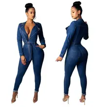 2019 Spring Patchwork Denim Jumpsuit Sexy Bodycon Full Body Feminino Elegant Front Zipper Rompers Womens Shirt Neck Jumpsuits