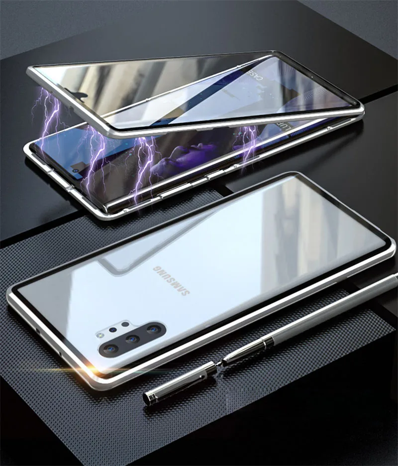 Для samsung Galaxy Note 10 Pro Магнитный чехол 360 Передний+ задний 9H закаленное стекло чехол для samsung Note10 Plus 10+ металлический бампер чехол - Цвет: silver