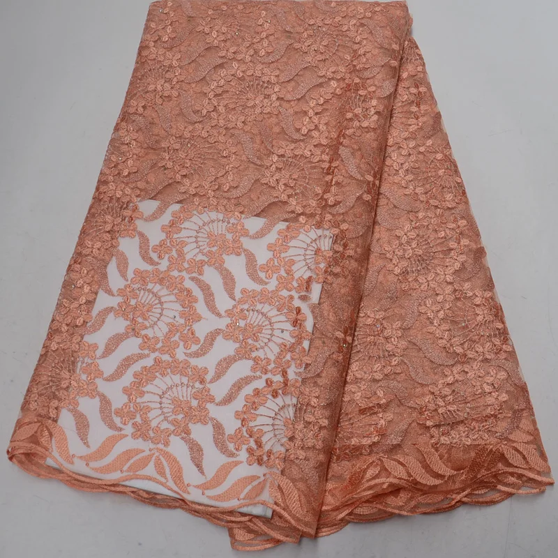 

5yards/pc beautiful peach color African tulle lace fabric embroidered French net lace fabric for making party dress PL64