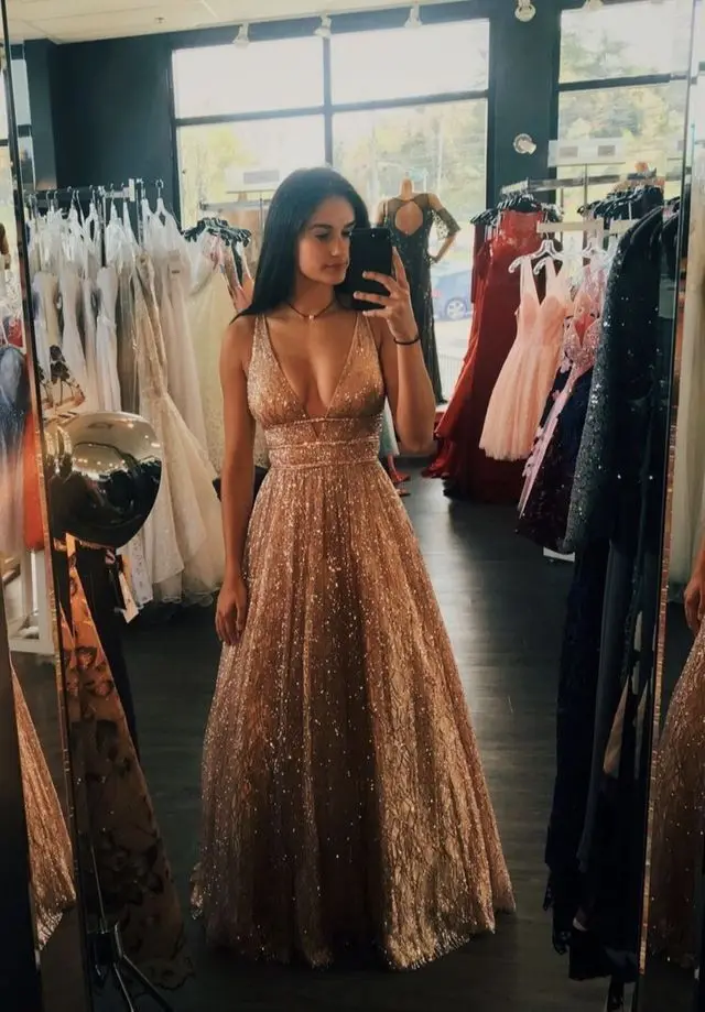 

Luxury Deep V-neck Sleeveless Women Formal Evening Dress A-line Floor Length Prom Gown