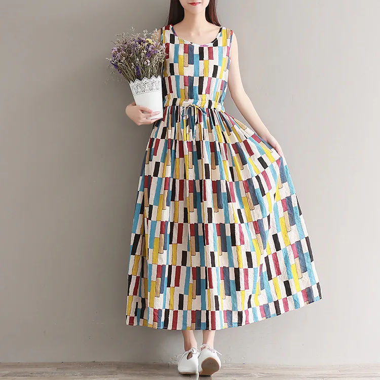 

Maternity Clothes 2018 Summer Literature And Art Retro Printed Cotton Linen Loose-Fit Big Hemline Sleeveless Vest Maternity Dres