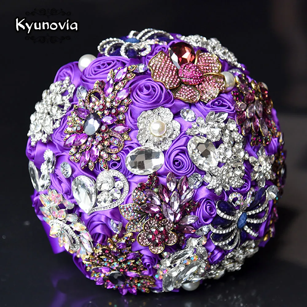 Kyunovia Высокое качество фиолетовая Шелковая Роза украшение для свадьбы Цветы Свадебный букет Ювелирное Украшение Броши Кристалл Свадебный букет невесты Аксессуары
