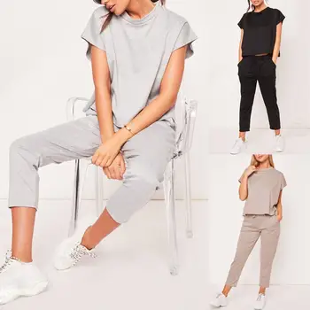 

2Pcs Women O Neck Short Sleeve 3/4 Pants Set Casual Outfit Sweatsuit Tracksuit two piece set tracksuit women