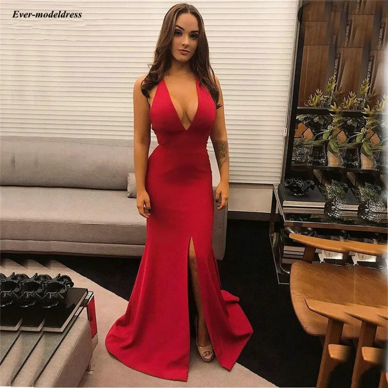 

2020 Vintage Red Deep V-Neck Mermaid Evening Dresses Corset Back Fitted Arabic Prom Gowns With Split Cheap Robes De Soriee