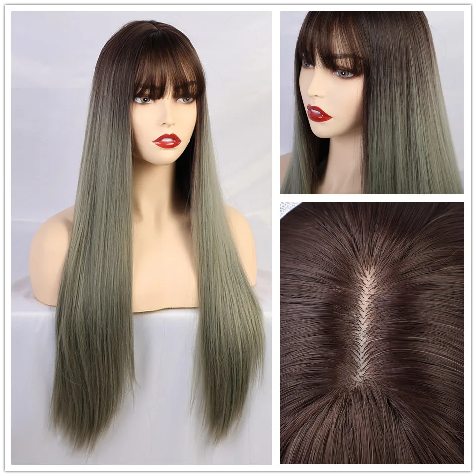 Крошечные LANA длинные Омбре волнистые парики коричневый блонд средняя часть косплей синтетические парики с челкой для женщин длинные волосы парики поддельные волосы - Цвет: LC240-1