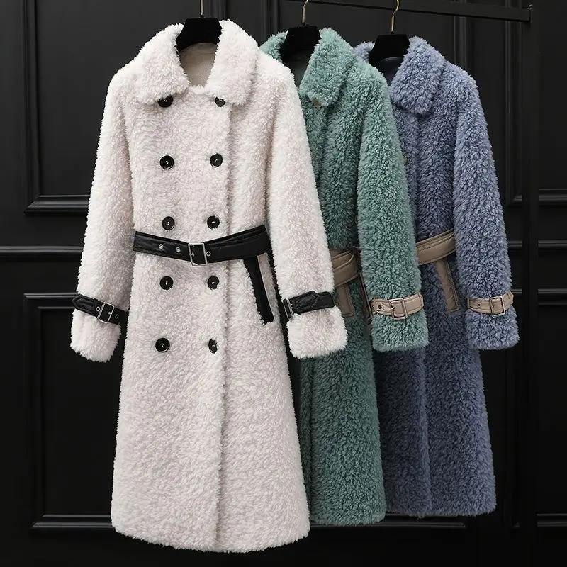 

2019 Autumn Winter Women Granulated Sheep Shearing Jackets Coats Female Real Lambswool Long Overcoat Double Breasted Outwaer N80