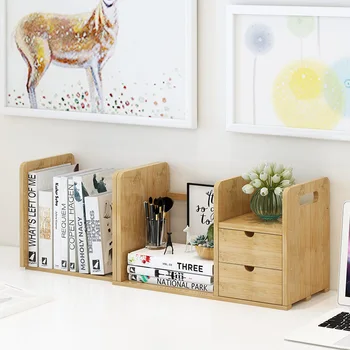 

Bamboo Bookend Drawers Expandable Bookshelf Desktop Table Rack Book Storage Organizer Shelf Countertop Bookcase for Office Study