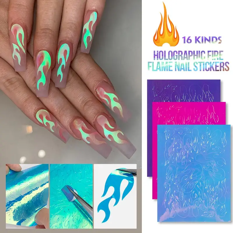 

Ellwings 16pcs Sliver Flame Nail Holographic Strip 3D Thin Laser DIY Foil Decal Sticker Colorful for Nail Art Design