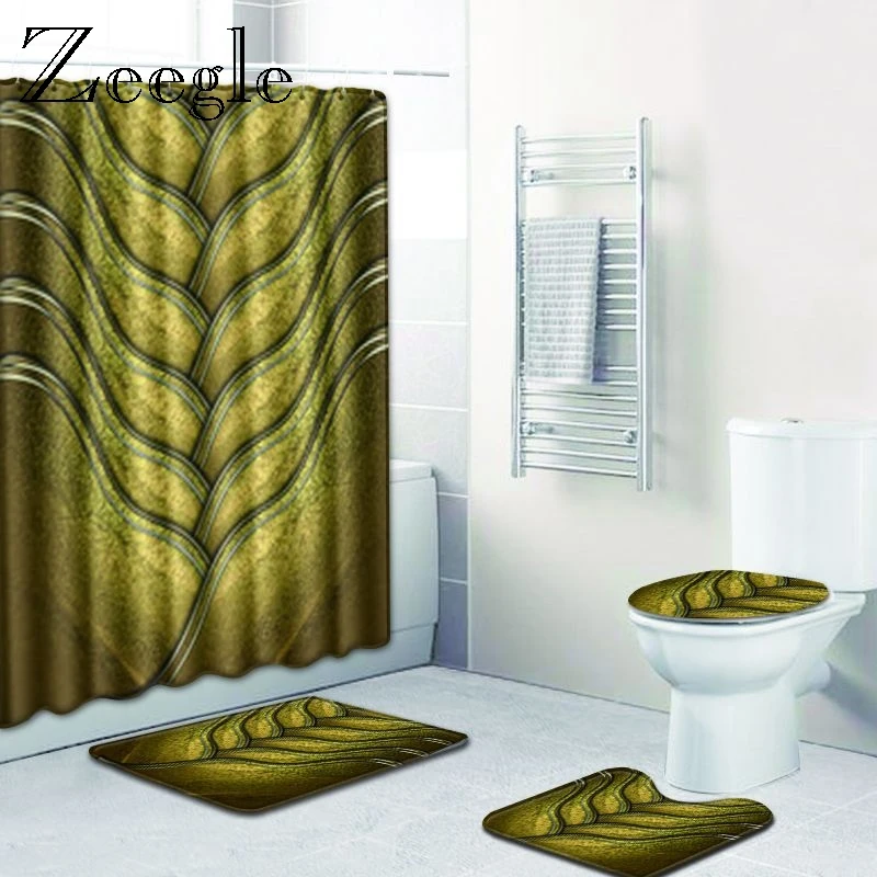 Modern Striped Bathroom Bath Mat Set Shower Curtain with Hooks Anti-slip Mat for Bathroom Toilet Floor Rug Carpet Pedestal Rug