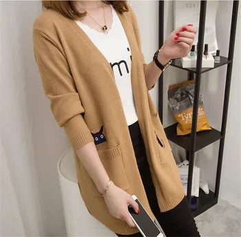 

4 Autumn Sweater Coat Female Women's Wear Loose Joker Embroidery Medium Length Money Knitting Shirt Female Cardigan Slim