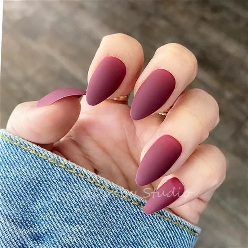 Short Matte Red False Nails With Glue Sticker Stiletto Faux Ongles Court Artificial Plastic Press On Nails Impress Fingerails False Nails Aliexpress