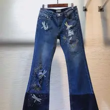 Модные женские расклешенные брюки с алмазной вышивкой