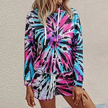 

Two-Piece Pajamas Suit Women Homewear Long-Sleved Hooded Printing Casual Tops and Shorts Sleepwear Soft Casual Loose Pajamas