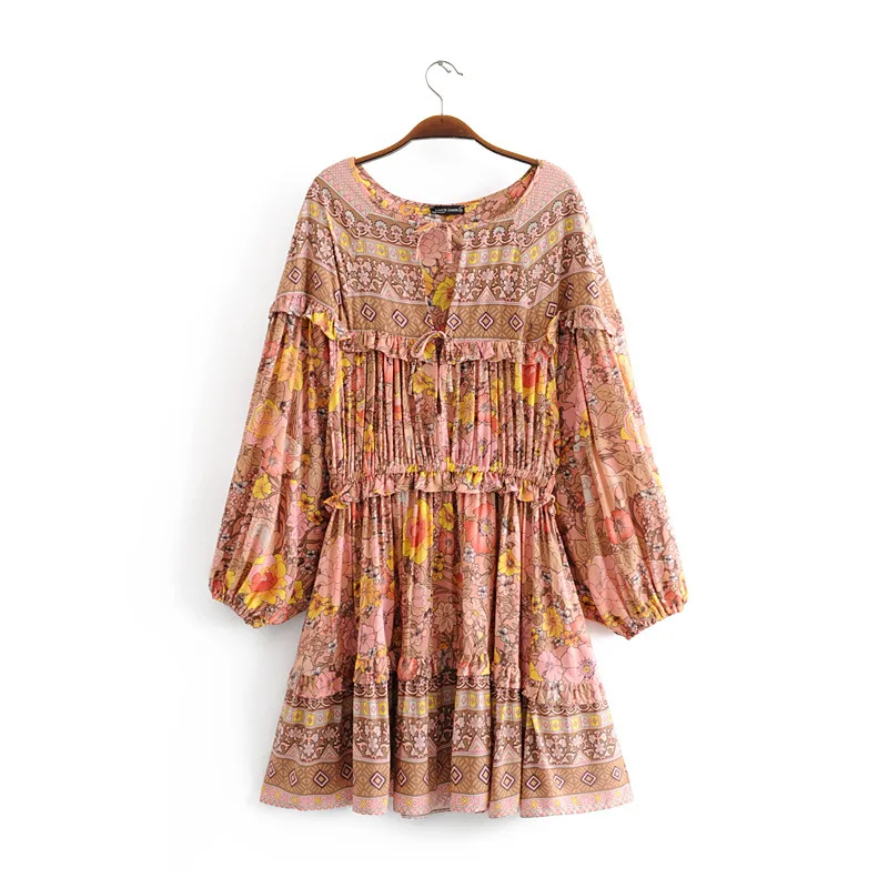 

2019 Spring Europe And America WOMEN'S Dress Cotton Positioning Printed Copper Beads Pleated Flounced Loose-Fit Dress 8292