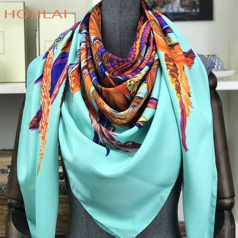 Саржевый шелковый шарф, женский роскошный брендовый квадратный индийский шелковый шарф с перьями и 130x130 см, женский шейный платок, большая бандана - Цвет: 3
