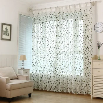 

Embroidered Green Leaves Simple Tulle Curtains for Living Room Kitchen Bedroom Custom Made Window Screening