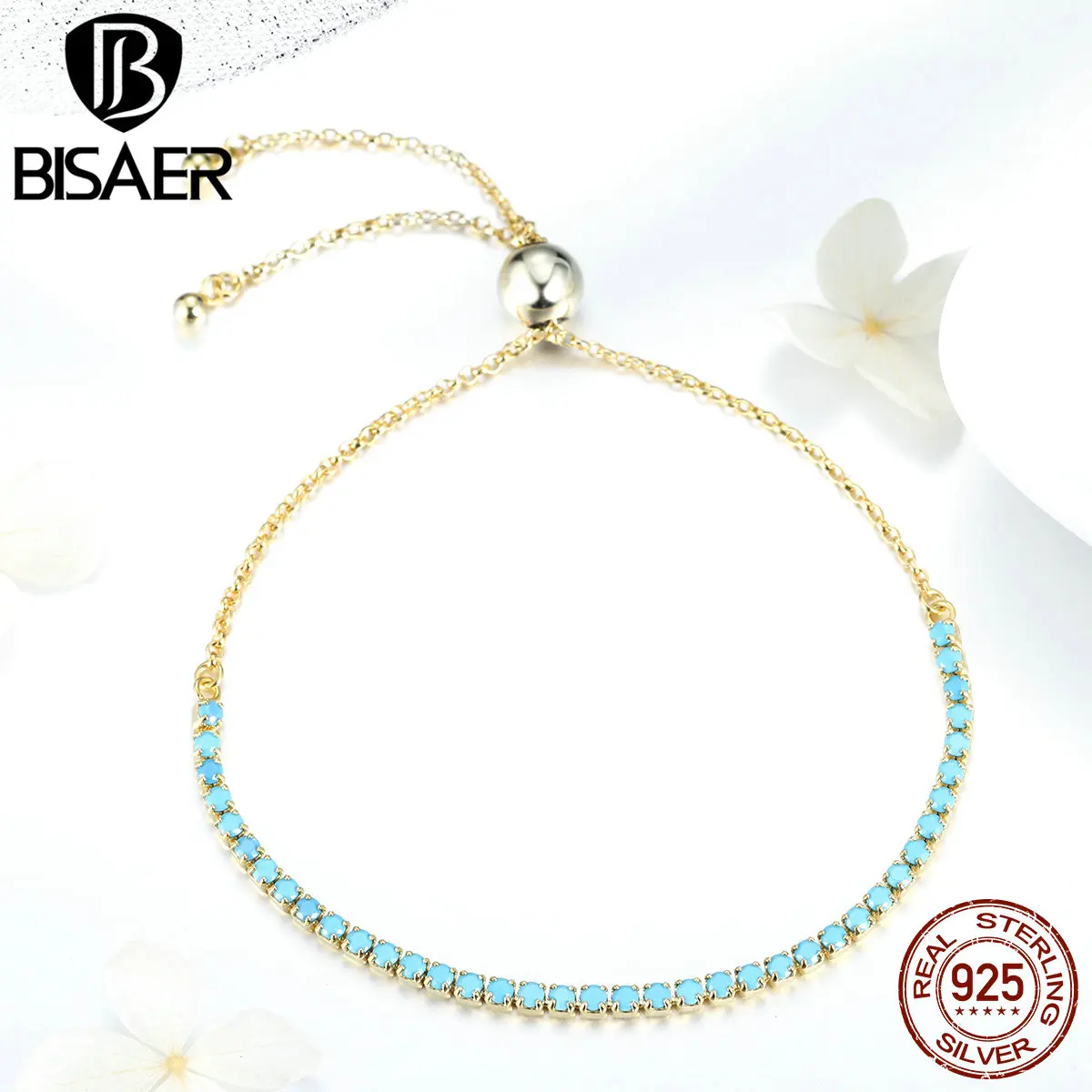 Браслет bisaer 925 пробы Серебряный AAA зеленый CZ золотой цвет теннисный браслет для женщин модные ювелирные изделия женские подарки HSB118