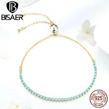 Браслет bisaer 925 пробы Серебряный AAA зеленый CZ золотой цвет теннисный браслет для женщин модные ювелирные изделия женские подарки HSB118