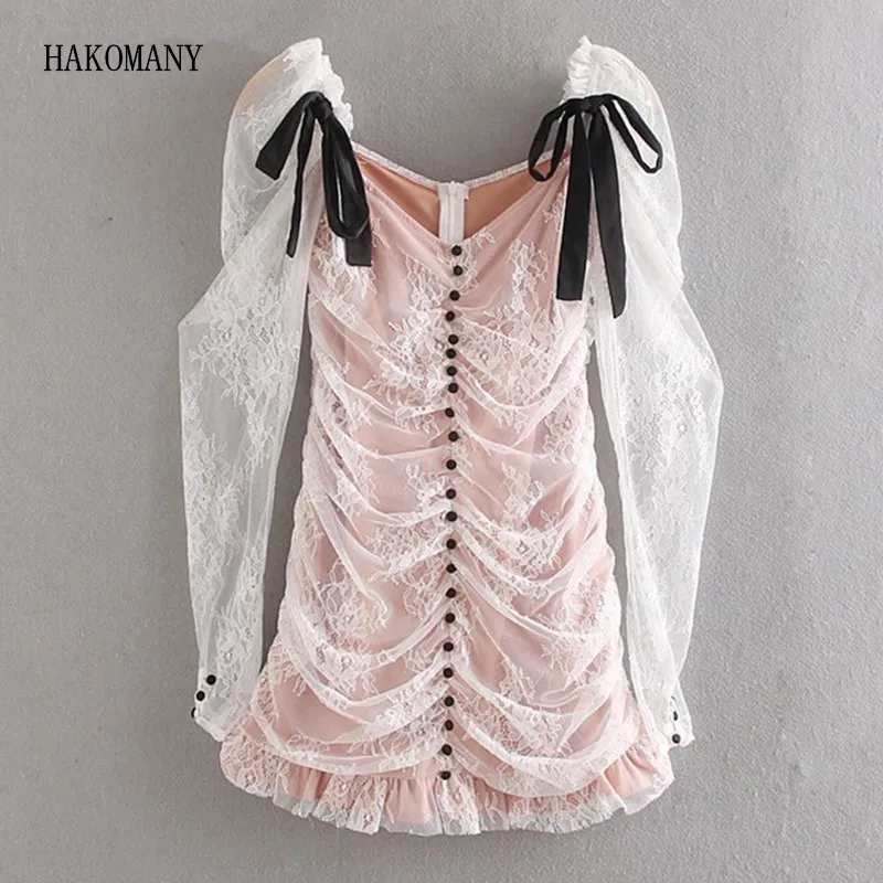 Women Black Buttons Bow Tie Strap Ruched Lacing Up Party Dresses Ruffles Hem Sexy Puff Long sleeves Mini Short White Lace Dress