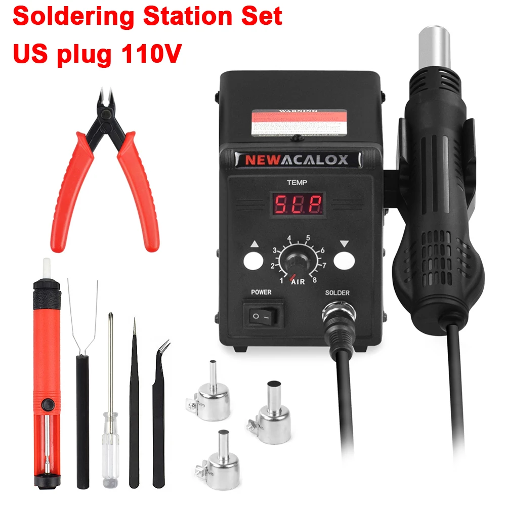 858D Set US 110V NEWACALOX 700 Вт 858D EU/US паяльная станция с функцией демонтажа Тепловая пушка светодиодный цифровой SMD паяльная сварочная станция горячий воздушный пистолет набор инструментов - Цвет: 858D Set US 110V